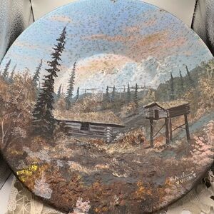 VTG Painting on mining pan, signed Hattie Nielsen, Yukon